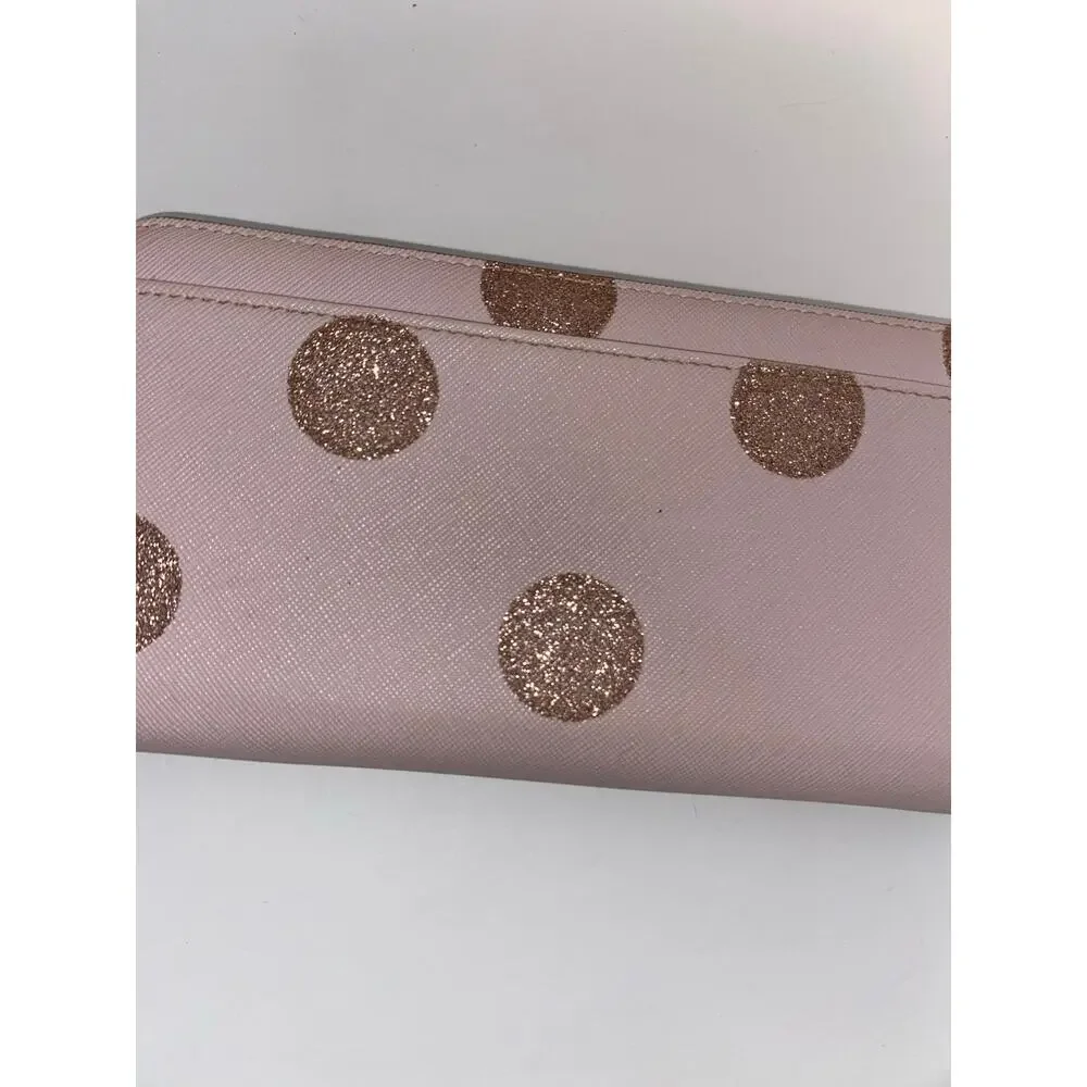 Kate Spade New York Pink Glitter Polka Dot Zip Around Wallet Wristlet Large